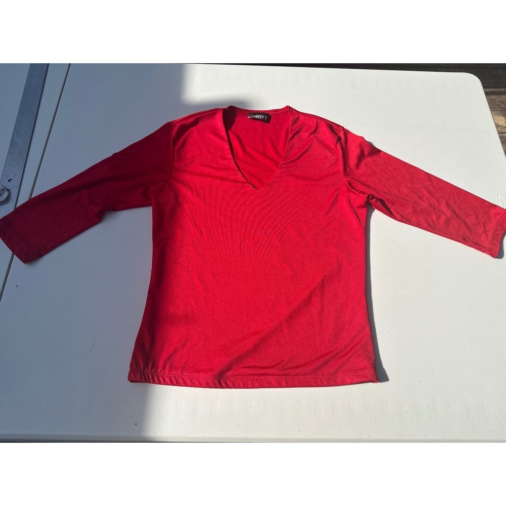 Vintage Diamond S USA Red V-Neck Top 3/4 Sleeve Stretch Knit Blouse Womens Small